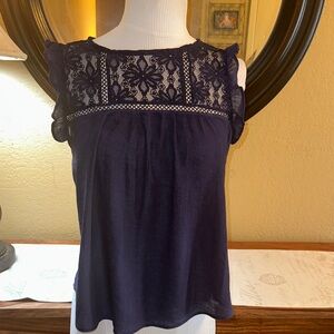 E & M Navy Lace Trim Top